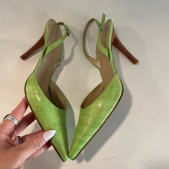 Stuart Weitzman vintage 90's lime green croc sling backs - Picture 7 of 9
